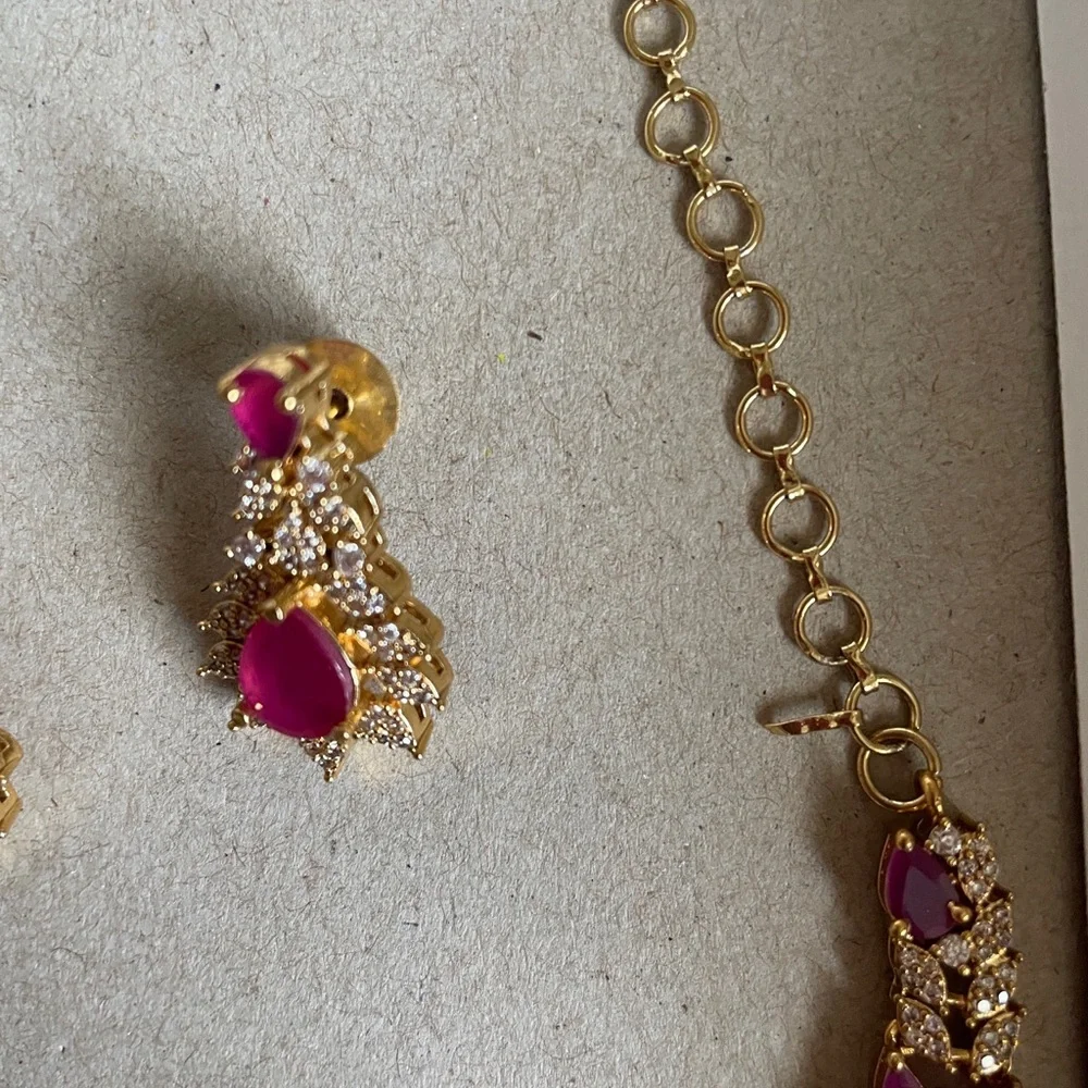Gold-Tone Necklace & Earring Set with Pink Gem Accents